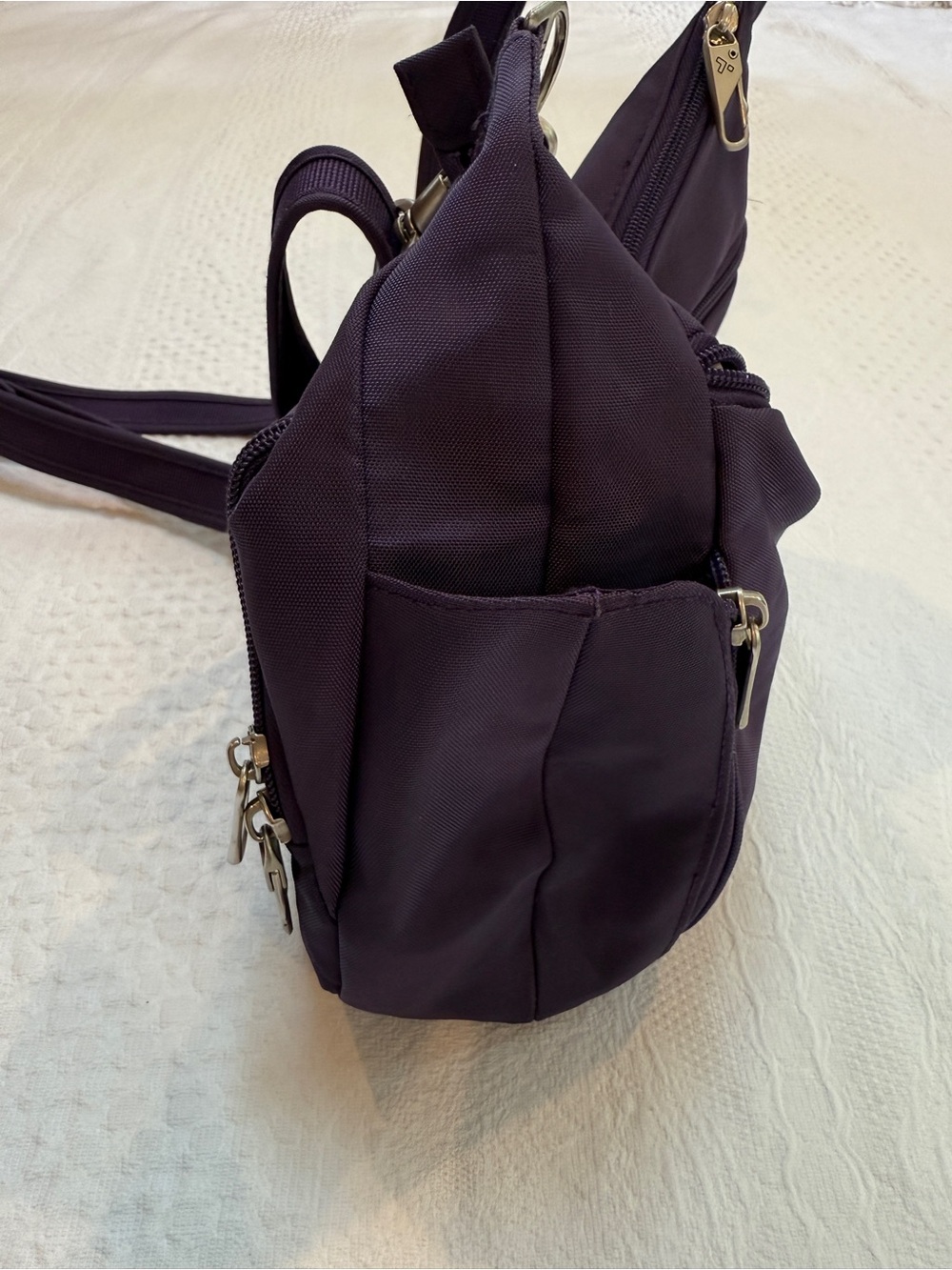 Travelon Anti-Theft Purple Poly Crossbody Bucket Tote Bag - Picture 3 of 7